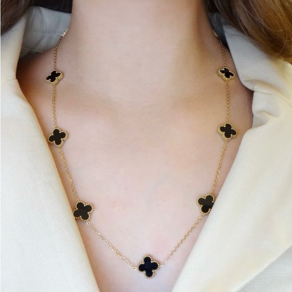 Jewelry - Elegant Black Onyx Multi Station Clover & 14k Gold Plated 16.5-18 Inch Necklace